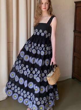 DeesseSicile黑色花园度假风万针重工刺绣太阳花吊带长裙女连衣裙