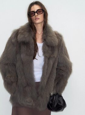 Deessesicile中古系暮灰色芬兰整皮狐狸毛摩登皮草翻领外套女
