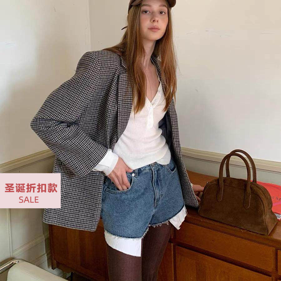 复古老钱风小格子毛呢西装