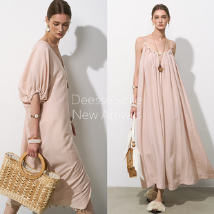 DeesseSicile裸粉色贝壳流苏天丝亚麻度假风慵懒长裙吊带连衣裙女