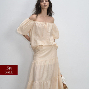 露肩上衣半身裙度假风套装 裸米麦穗色提花法式 折扣 DeesseSicile