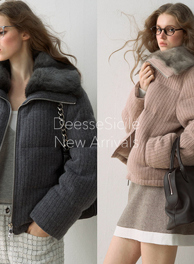 Deessesicile BC高奢通勤水貂毛翻领短外套羊毛混纺鹅绒羽绒服女