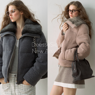 Deessesicile BC高奢通勤水貂毛翻领短外套羊毛混纺鹅绒羽绒服