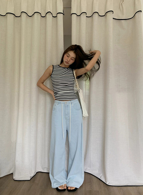 DeesseSicile街拍文化浅蓝色牛仔裤夏季薄款休闲百搭抽绳阔腿裤女