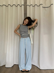 休闲百搭抽绳阔腿裤 薄款 女 夏季 DeesseSicile街拍文化浅蓝色牛仔裤