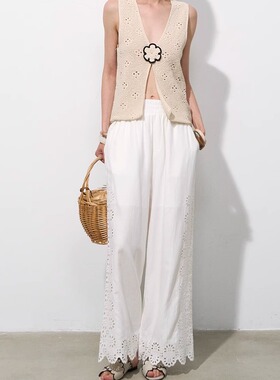 DeesseSicile 白色亚麻松弛度假风重工定位镂空钩花直筒阔腿裤女
