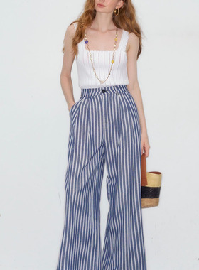 DeesseSicile航海系松弛感蓝白色条纹直筒长裤阔腿裤休闲裤子女