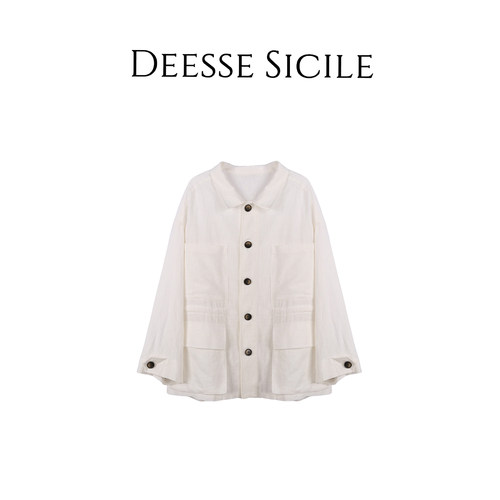Deessesicile 1米白色翻领口袋猎装夹克上衣法式极简工装长袖外套