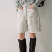 Deessesicile 女 小香风简约直筒五分裤 白色格子粗花呢通勤西装 裤