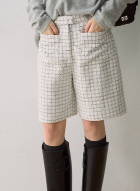 Deessesicile 白色格子粗花呢通勤西装裤小香风简约直筒五分裤女