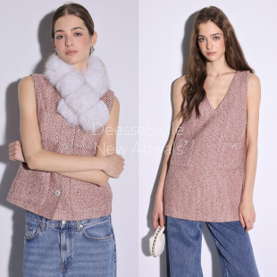 Deessesicile粉色佳人V领上衣法式 小香风亮片粗花呢圆领马甲外套
