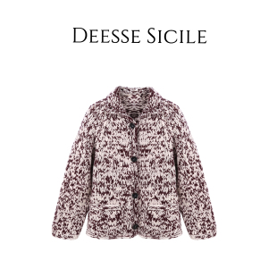 Deessesicile手工编织圣诞红羊毛粗棒针翻领复古时髦针织毛衣开衫