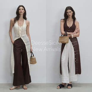 DeesseSicile 别致长裙女 流浪波嬉风亚麻针织镂空钩花连衣裙个性