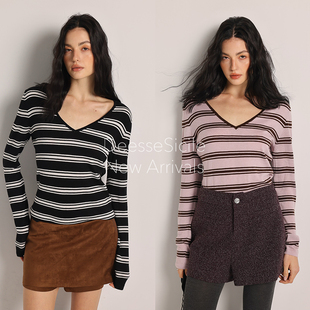 Deessesicile设计感不规则V领条纹显瘦毛衣学院艺术派套头针织衫