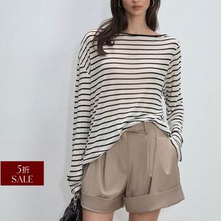 防晒罩衫 DeesseSicile 宽松薄款 黑白条纹斜肩t恤夏季 女上衣 折扣