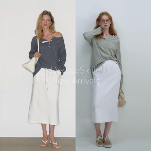 DeesseSicile 上衣 纽扣半开领条纹松弛慵懒风T恤女宽松藏肉长袖