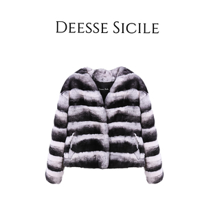 Deessesicile雷克斯獭兔毛黑白龙猫纹皮草优雅气质V领短款 外套