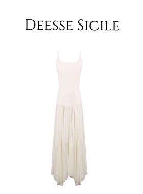 Deessesicile 1法式白色不规则飘逸垂感长裙女松弛浪漫吊带连衣裙