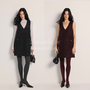 Deessesicile酒红色V领亮丝粗花呢背心裙小香风派对宴会连衣裙女