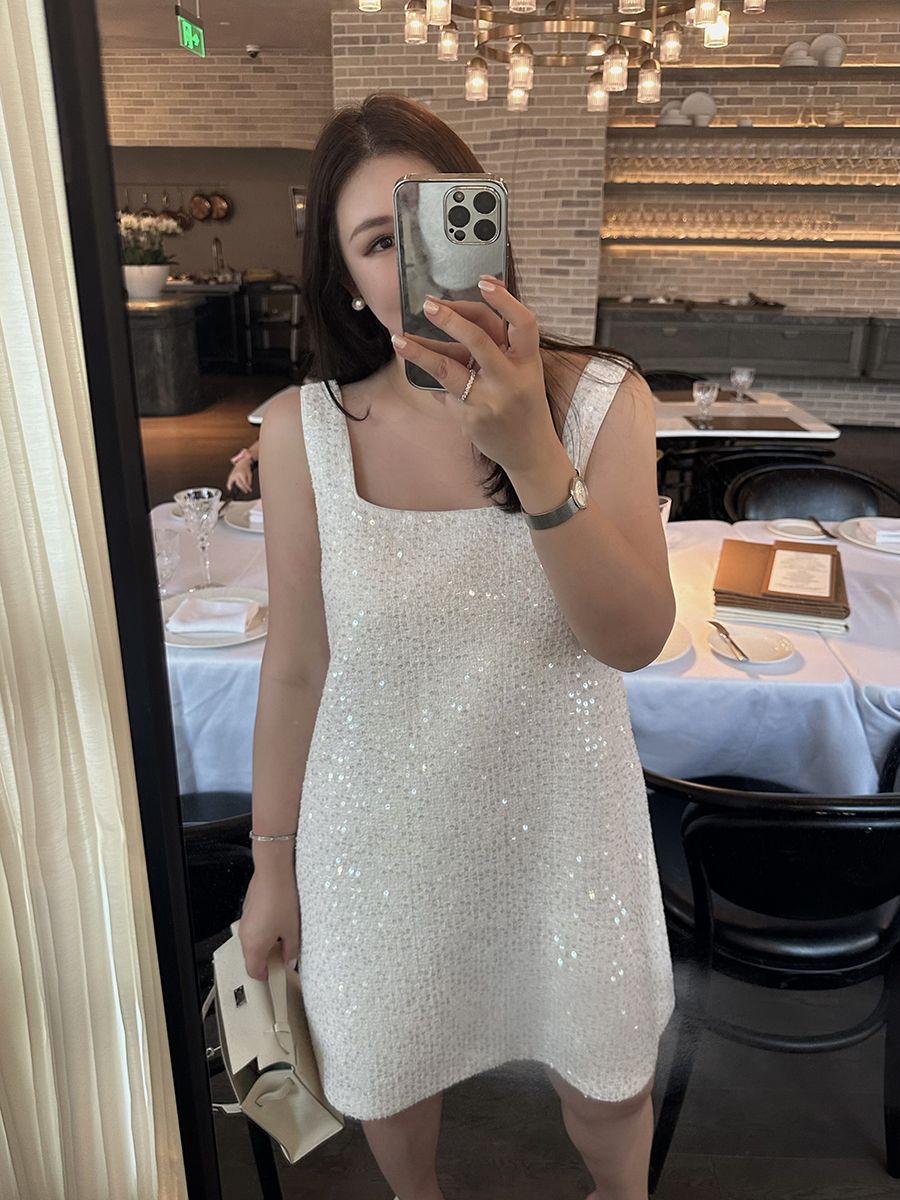 白色bling亮片小香风背心裙