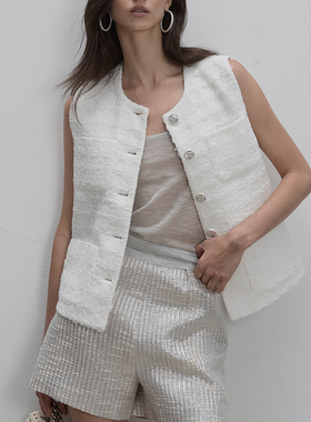 DeesseSicile法式老钱风白色格纹肌理粗花呢小香风气质马甲背心女