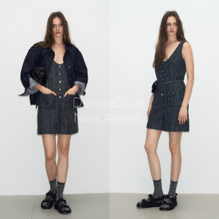 DeesseSicile高智时髦感亮丝粗花呢法式 小香风吊带V领直筒连体裤