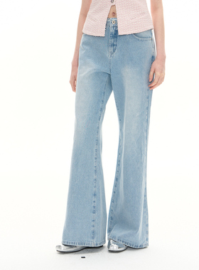 DeesseSicile 梨形友好水洗磨白浅蓝色牛仔裤宽松直筒阔腿长裤女