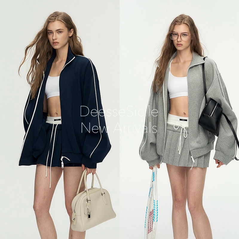 DeesseSicile城市运动风宽松时尚简约百搭拉链卫衣百褶短裙套装女