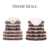 Deessesicile獭兔毛小龙猫色拼接设计鹅绒背心外套连帽皮草马甲