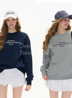 Deessesicile百搭公式宽松休闲藏蓝色英文字母刺绣卫衣灰色上衣女