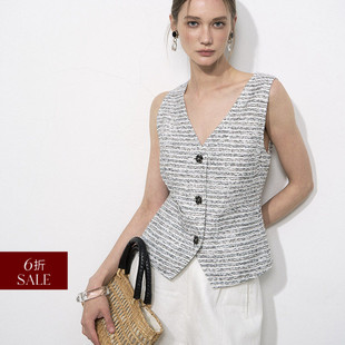 老钱风山茶花纽扣条纹V领马甲上衣 香奶奶法式 DeesseSicile 折扣