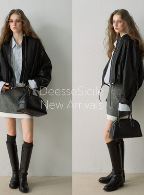Deessesicile千禧风女孩黑色翻领抽绳PU皮衣百搭廊形夹克短款外套