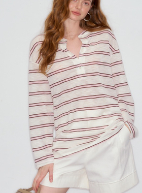 DeesseSicile 早秋松弛感粉白色条纹半开领休闲宽松长袖T恤上衣女