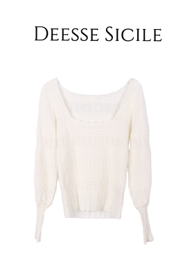 Deessesicile 1白色方领镂空针织衫法式温柔风百搭泡泡袖短款上衣