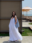 Deessesicile 浪漫罗曼史白色性感深V毛巾沙滩裙度假风吊带裙女