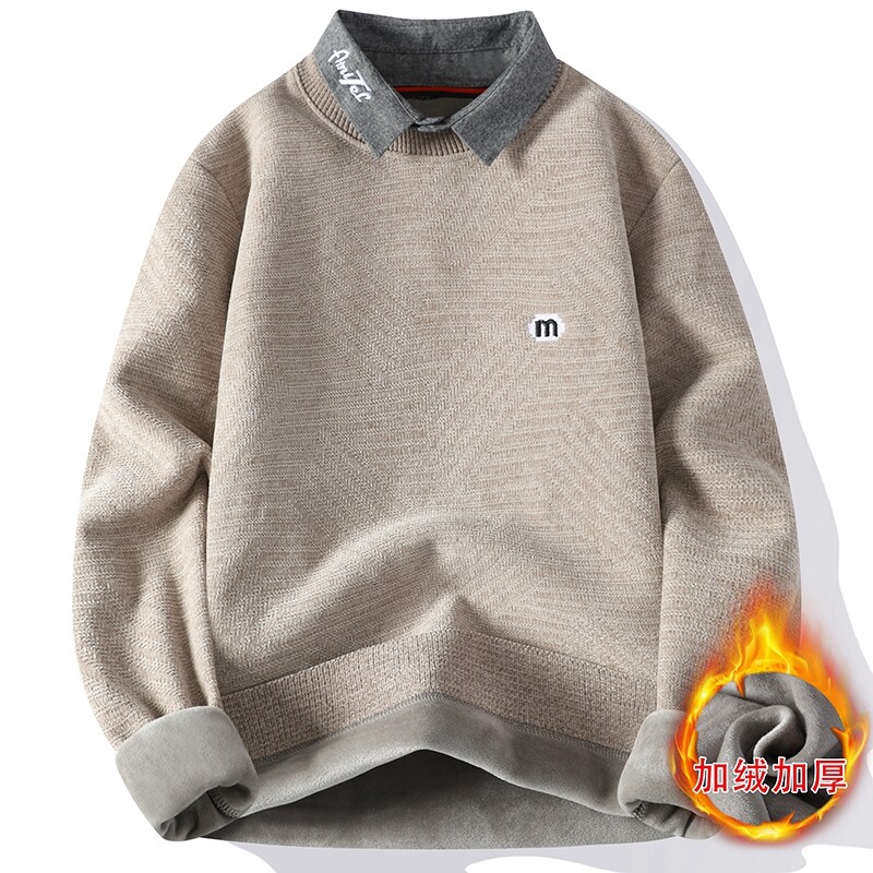 唐狮集团DESSO假两件衬衫领毛衣加绒加厚保暖打底针织衫休闲百搭