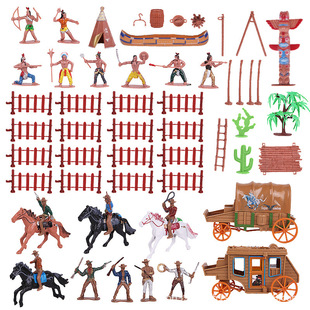 印第安人牛仔打仗玩具模型摆件西部牛仔马车场景小兵场景沙盘儿童