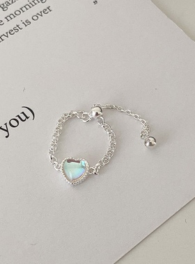 韩国爱心月光石戒指s925纯银抽拉式椭圆裸链食指指环可调节女