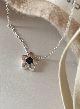 折-韩国925纯银立体小花项链小众轻奢黑宝石花朵毛衣链金色银色
