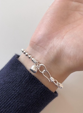 折-韩国925纯银小爱心圆珠环扣手链个性珠链圆珠轻奢小众手饰17cm