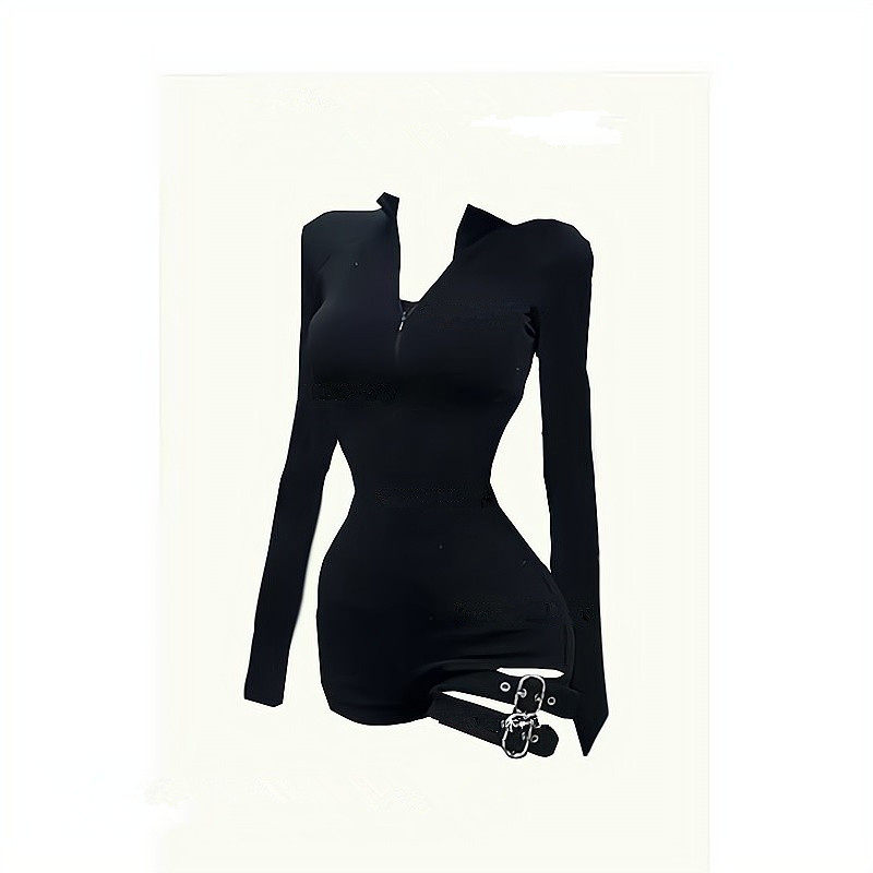 原创 辣妹网红同款紧身掐腰黑色连体衣甜酷特工绑带打底短裤