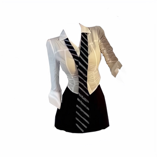 热辣纯欲小蛮腰修身长袖衬衫女韩国A妹性感包臀半裙两件套装