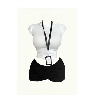 原创 纯欲dj秘书紧身T恤辣裤制服套装网红主播同款穿搭服装女