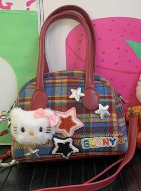TEETH红色格子凯特猫斜挎保龄包2026新款日系卡通可爱Y2K手提包潮
