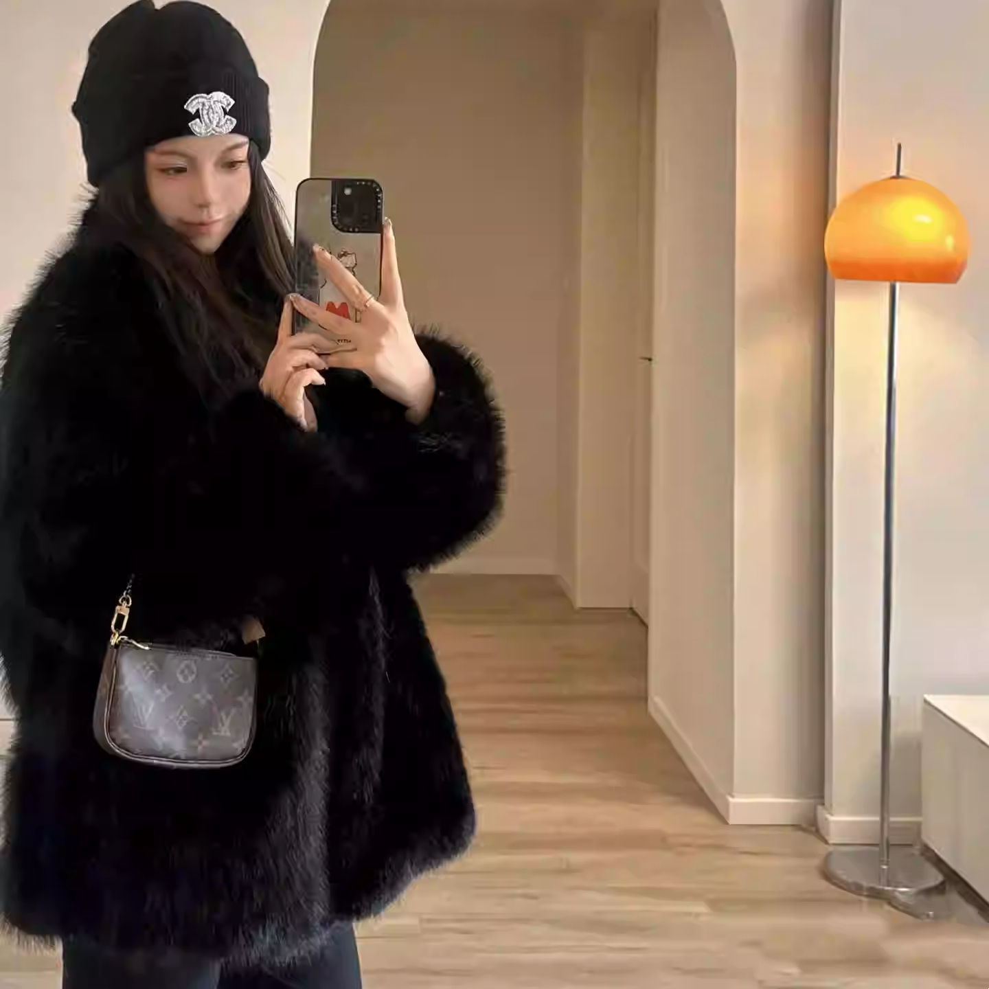 2025新款黑色环保狐狸毛皮草外套