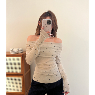 洋气打底衫 复古波点一字肩针织T恤女春季 设计感小众露肩上衣长袖