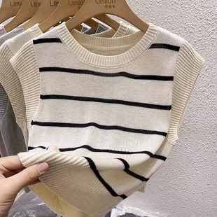 条纹小飞袖针织衫马甲女夏季外穿设计感小众宽松无袖T恤背心上衣