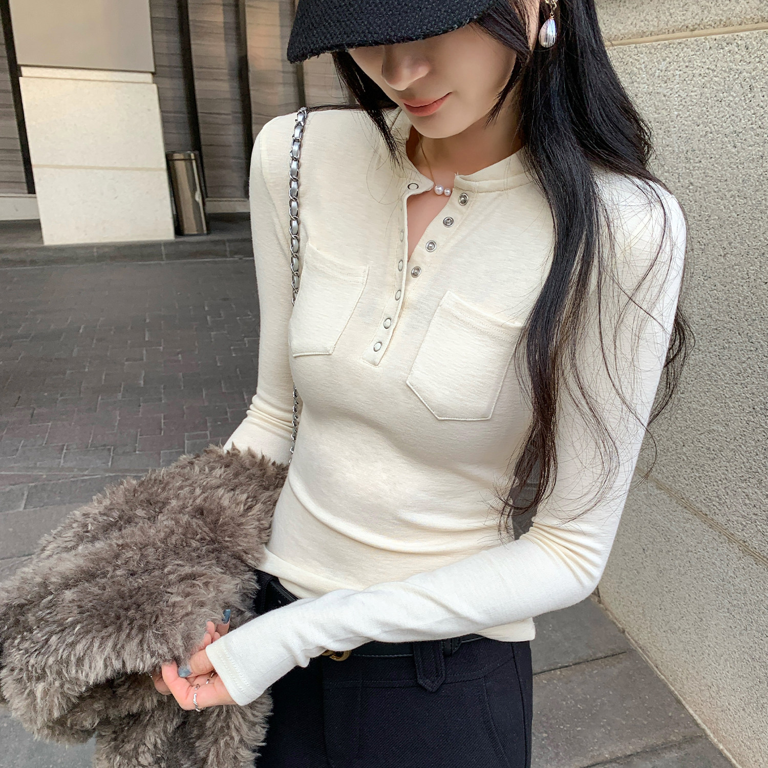 高级感白色长袖T恤女内搭秋冬亨利领打底衫修身显瘦百搭收腰上衣,女装/女士精品,T恤,淘宝优惠券,粉丝福利购,淘宝优惠卷