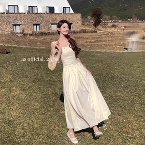 2025早春无袖网纱吊带连衣裙女高级感修身收腰A字裙法式气质长裙