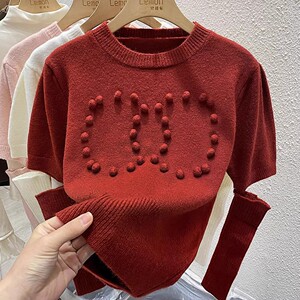 2023秋冬法式袖套针织衫女内搭设计感小众洋气圆领泡泡袖毛衣上衣